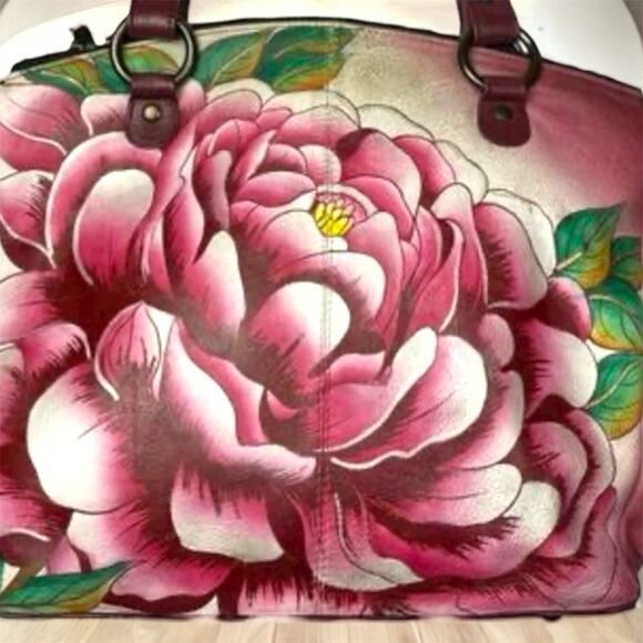 Anna By Anuschka “Precious Peony”Hand Painted Leather Large Shoulder Bag 13”x11” - Picture 3 of 11